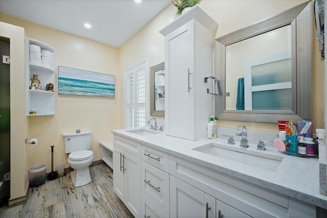 bathroom featuring toilet, vanity, and hardwood / wood-style flooring