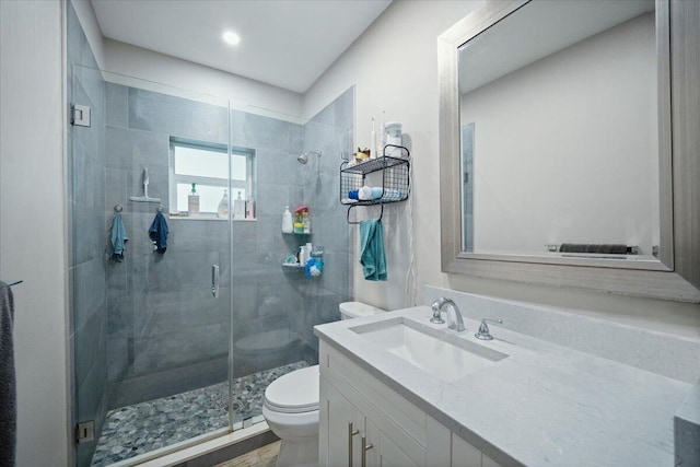 bathroom with a shower with door, vanity, and toilet