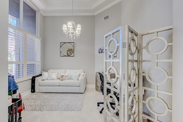 tiled office featuring a chandelier and crown molding