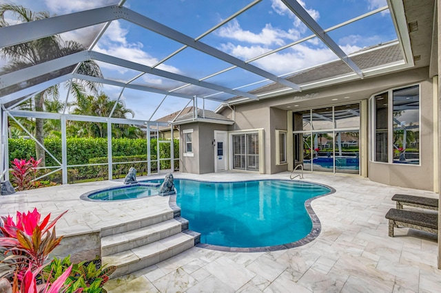 view of swimming pool with a patio area, glass enclosure, and an in ground hot tub