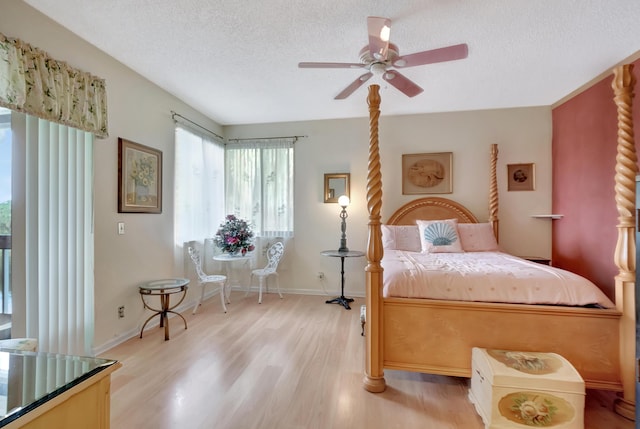 bedroom featuring ceiling fan, a textured ceiling, and light hardwood / wood-style flooring