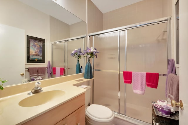 bathroom featuring vanity, toilet, and a shower with door