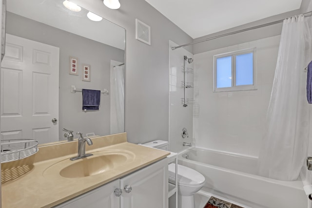 full bathroom with toilet, shower / tub combo, and vanity