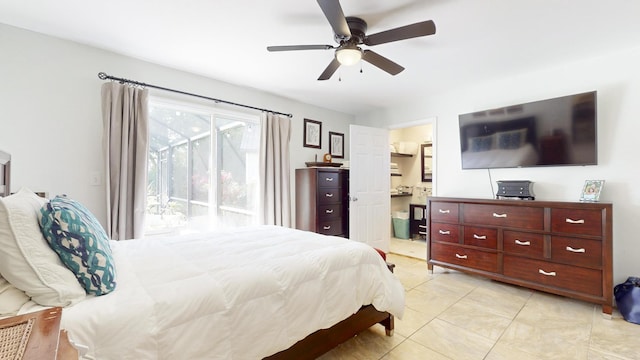 bedroom with access to outside, ceiling fan, and ensuite bathroom