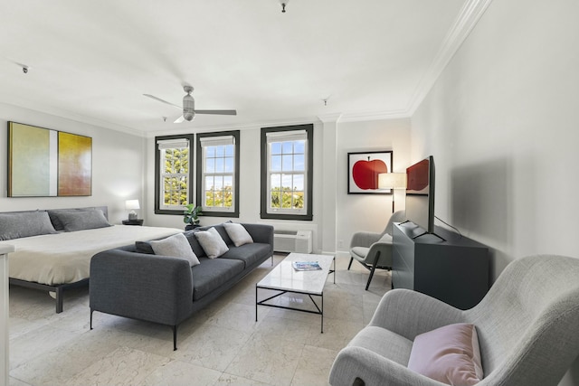 bedroom featuring a wall mounted AC, ceiling fan, and ornamental molding