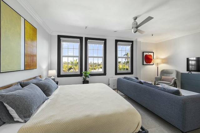 bedroom with ceiling fan and ornamental molding