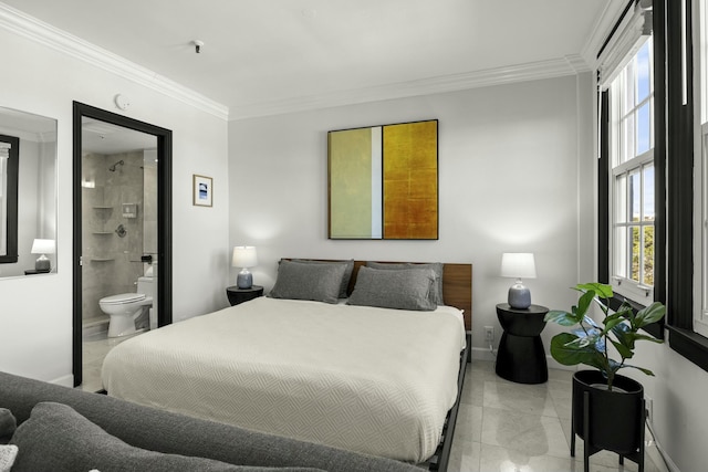 bedroom featuring connected bathroom, multiple windows, and ornamental molding