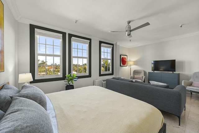 bedroom with ceiling fan, crown molding, and light tile patterned flooring