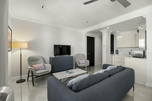 living room with crown molding and ceiling fan