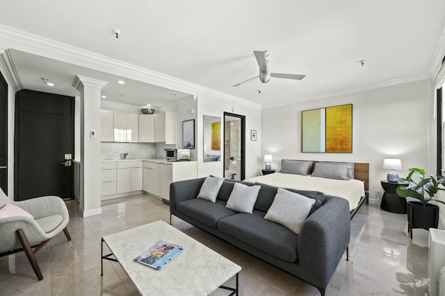 bedroom with ceiling fan and crown molding