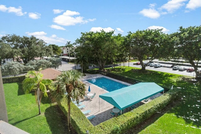 view of pool featuring a lawn