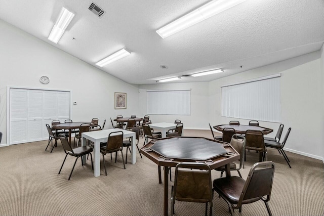 carpeted dining room featuring a textured ceiling and lofted ceiling