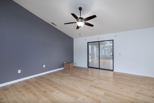 empty room with light hardwood / wood-style flooring and ceiling fan