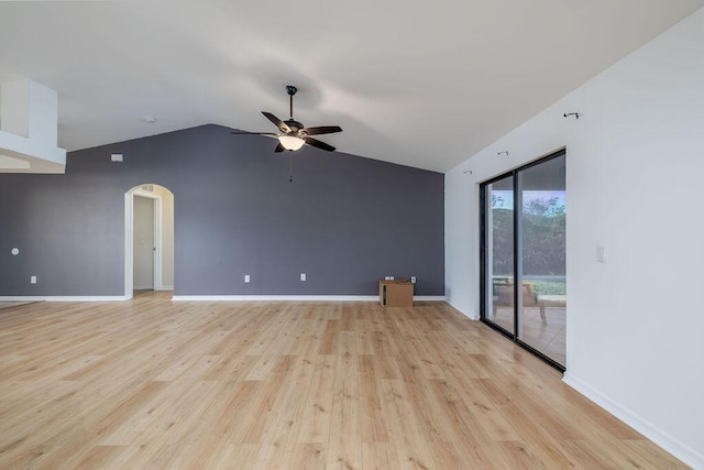 unfurnished living room with vaulted ceiling, light hardwood / wood-style flooring, and ceiling fan