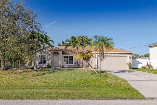 view of front of house with a front yard and a garage