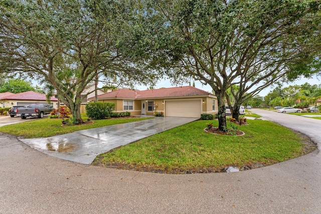 single story home with a garage and a front lawn