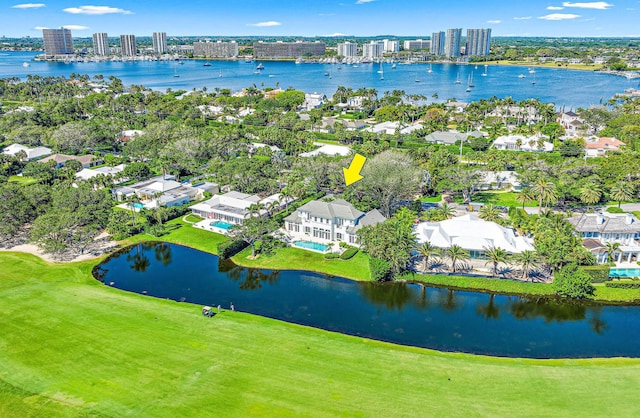 birds eye view of property featuring a water view