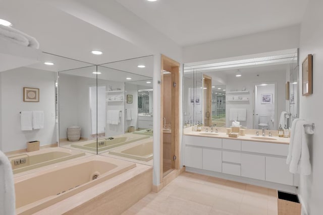 full bathroom with shower with separate bathtub, vanity, toilet, and tile patterned floors