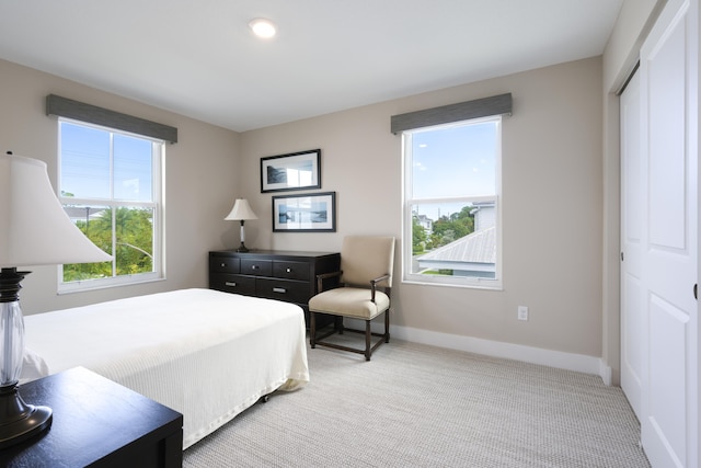 bedroom with multiple windows, light carpet, and a closet