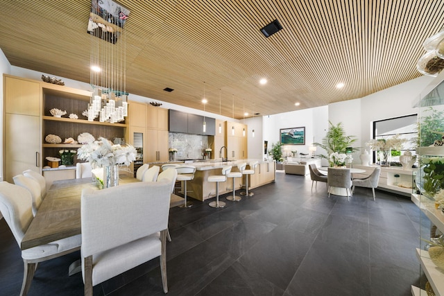 dining area featuring sink and wooden ceiling