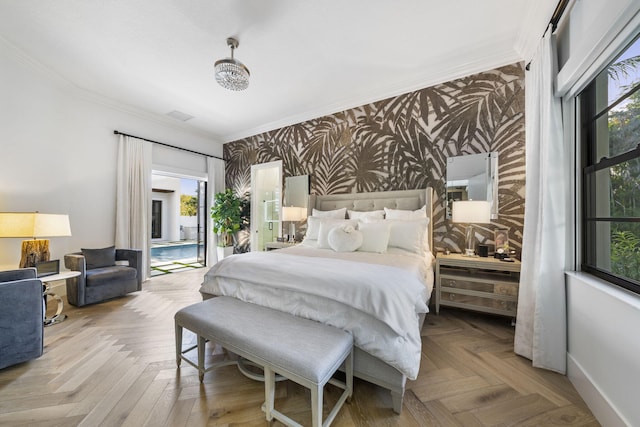 bedroom featuring multiple windows, ornamental molding, access to outside, and light parquet floors