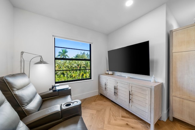 living room featuring light parquet floors