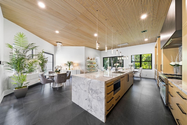 kitchen featuring appliances with stainless steel finishes, light brown cabinetry, custom range hood, a spacious island, and sink