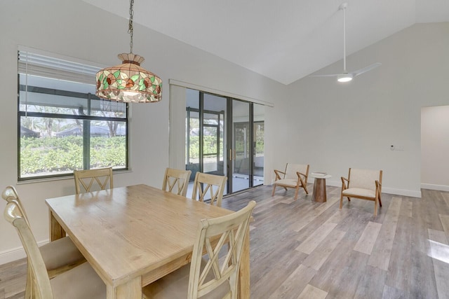 dining room featuring light hardwood / wood-style flooring and vaulted ceiling