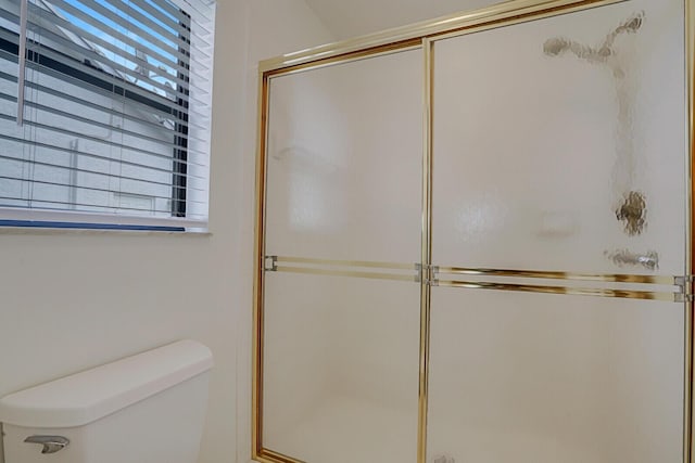 bathroom with a healthy amount of sunlight, a shower with shower door, and toilet