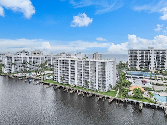 drone / aerial view featuring a water view