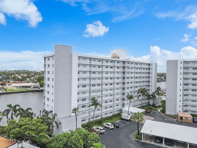 view of building exterior featuring a water view