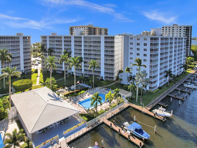 drone / aerial view with a water view