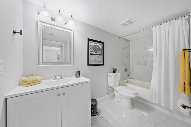 full bathroom featuring vanity, toilet, a textured ceiling, and shower / bath combo with shower curtain