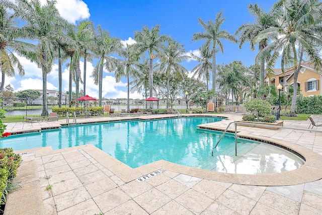 view of swimming pool featuring a patio area