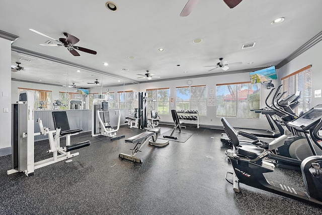 workout area with crown molding