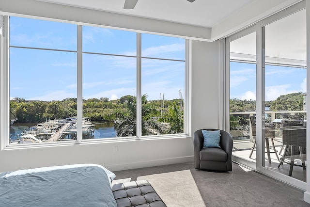 bedroom featuring carpet flooring and a water view