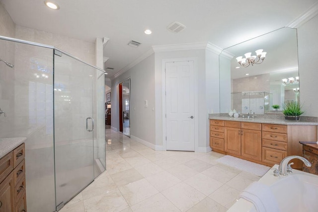 bathroom featuring vanity, independent shower and bath, a notable chandelier, and crown molding