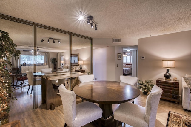 dining area featuring plenty of natural light, ceiling fan, light hardwood / wood-style flooring, and a textured ceiling