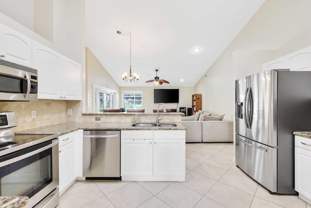 kitchen featuring appliances with stainless steel finishes, ceiling fan with notable chandelier, white cabinetry, and sink