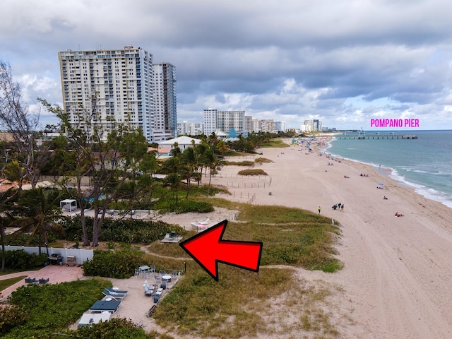 property view of water featuring a view of the beach