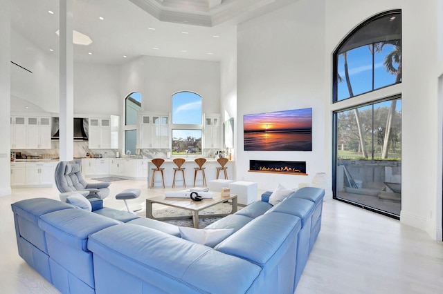 living room featuring a high ceiling and crown molding