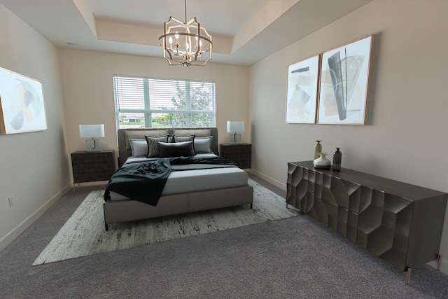 bedroom featuring a tray ceiling, carpet floors, and a notable chandelier