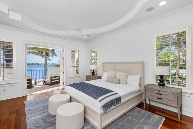 bedroom with dark hardwood / wood-style floors, a raised ceiling, and ornamental molding