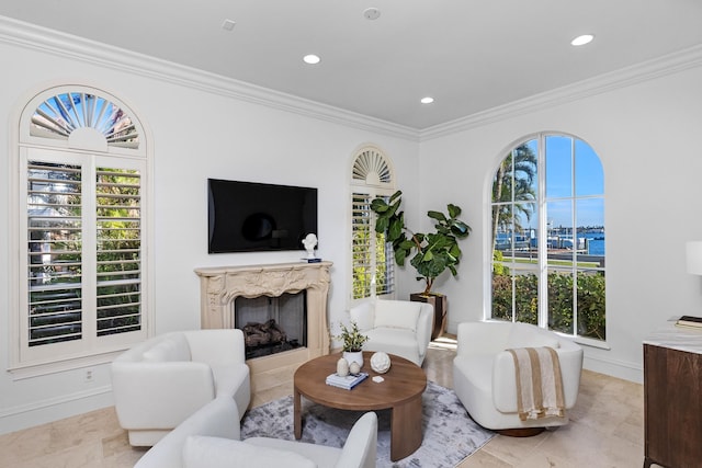 living room with plenty of natural light, a fireplace, and crown molding