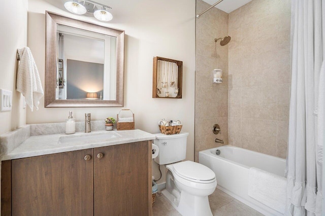 full bathroom with shower / bath combination with curtain, vanity, toilet, and tile patterned floors