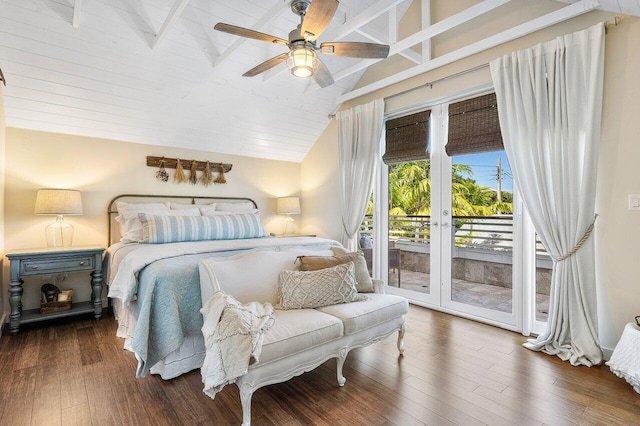 bedroom with ceiling fan, wooden ceiling, dark hardwood / wood-style flooring, beamed ceiling, and access to outside