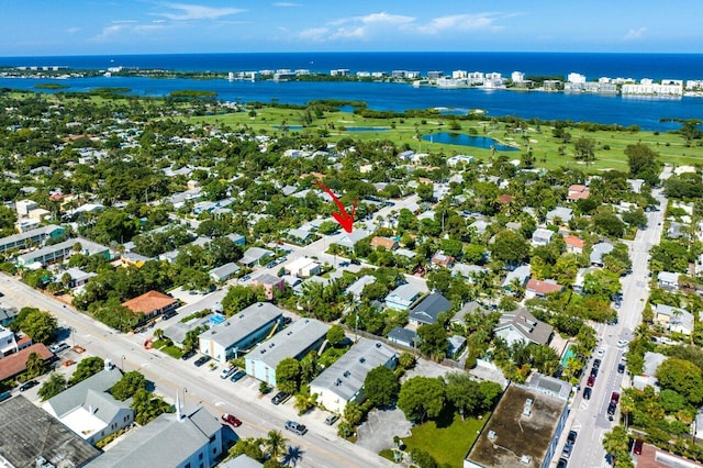 drone / aerial view with a water view