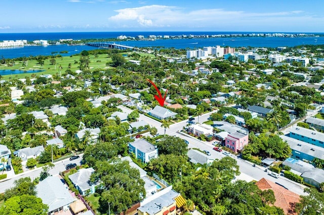 bird's eye view with a water view