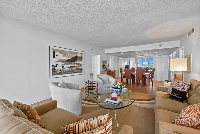 living room featuring a textured ceiling