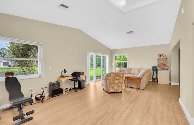 living room featuring light hardwood / wood-style floors and lofted ceiling